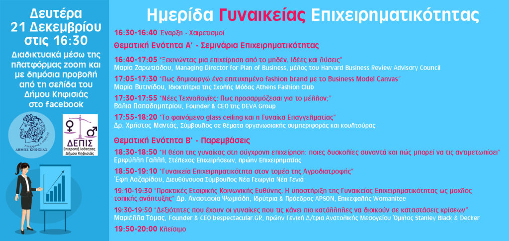Ημερίδα Γυναικείας Επιχειρηματικότητας Δευτέρα 21 Δεκεμβρίου 16:30 – 20:00