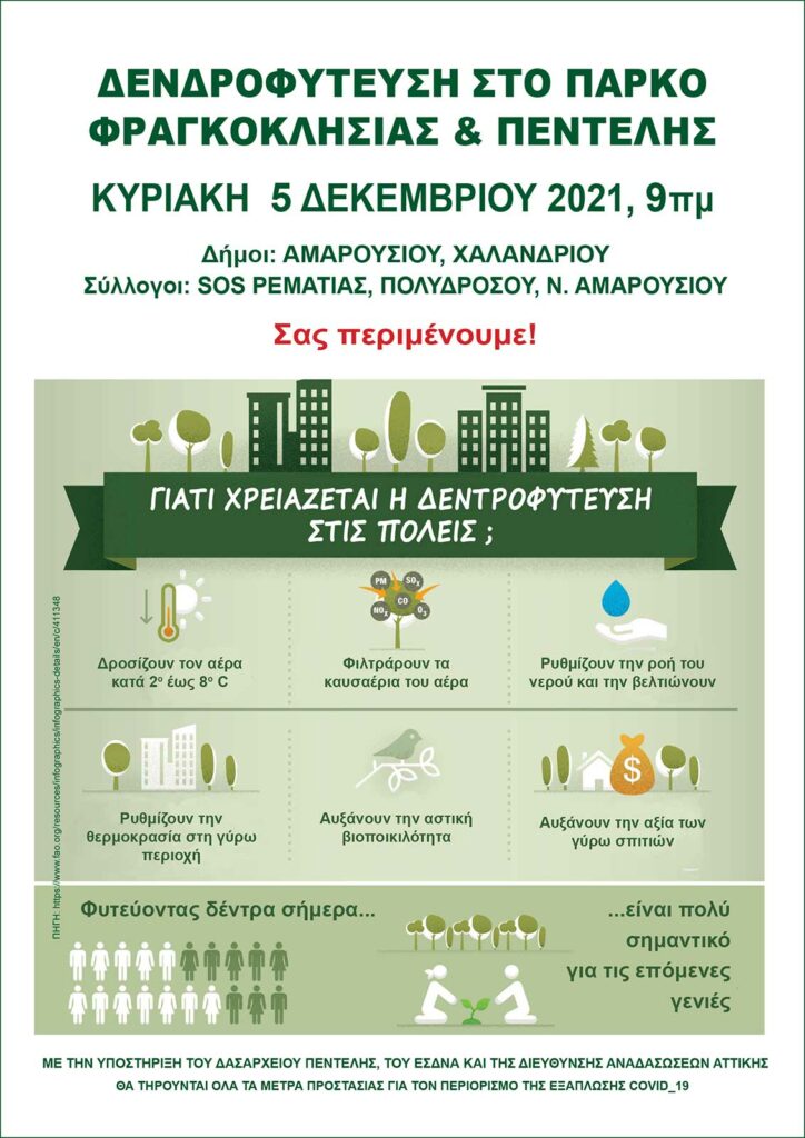 Δενδροφύτευση στο Πάρκο Φραγκοκλησιάς & Πεντέλης, με τη συμμετοχή του Δήμου Αμαρουσίου – Κυριακή 5 Δεκεμβρίου 2021, από τις 9:00 π.μ.