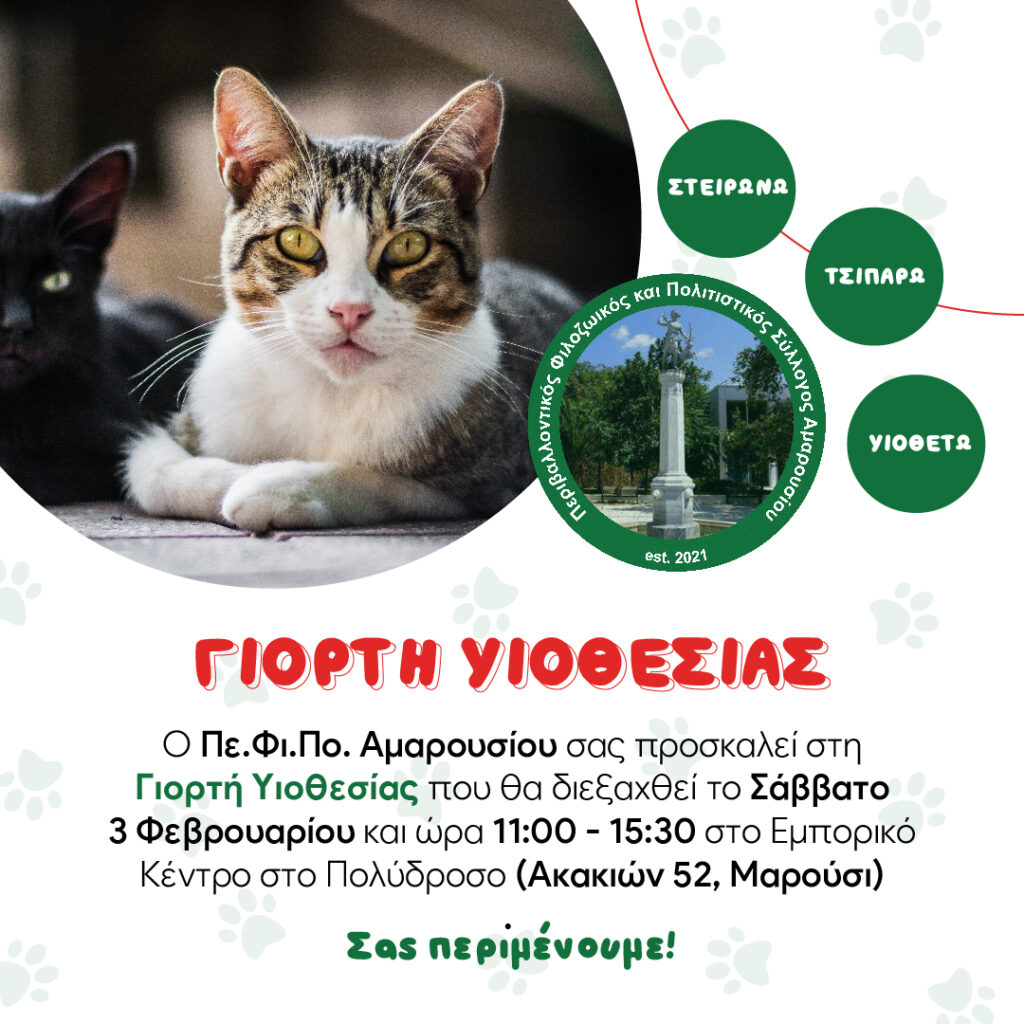 3 Φεβρουαρίου 11.00-15.30 : Ημέρα υιοθεσίας του Πε.Φι.Πο. Συλλόγου στο Πολύδροσο Αμαρουσίου
