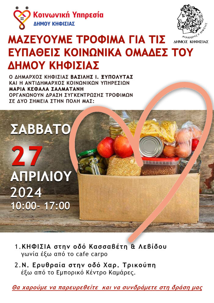 ΣΥΛΛΟΓΗ ΤΡΟΦΙΜΩΝ ΚΑΙ ΠΑΣΧΑΛΙΝΩΝ ΕΔΕΣΜΑΤΩΝ ΓΙΑ ΤΗΝ ΕΝΙΣΧΥΣΗ ΤΩΝ ΚΟΙΝΩΝΙΚΩΝ ΠΑΝΤΟΠΩΛΕΙΩΝ ΤΟΥ ΔΗΜΟΥ ΚΗΦΙΣΙΑΣ