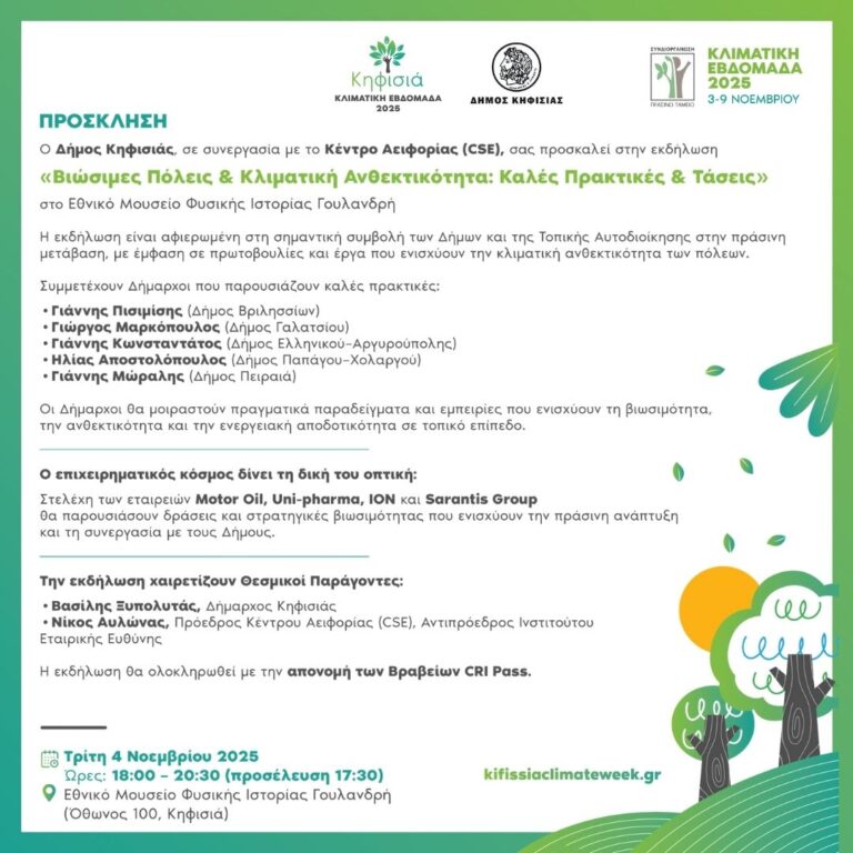 Πρόσκληση στο Forum Βιωσιμότητα και Κλιματική Ανθεκτικότητα: Καλές Πρακτικές & Τάσεις, 4/11 στο Εθνικό Μουσείο Φυσικής Ιστορίας Γουλανδρή