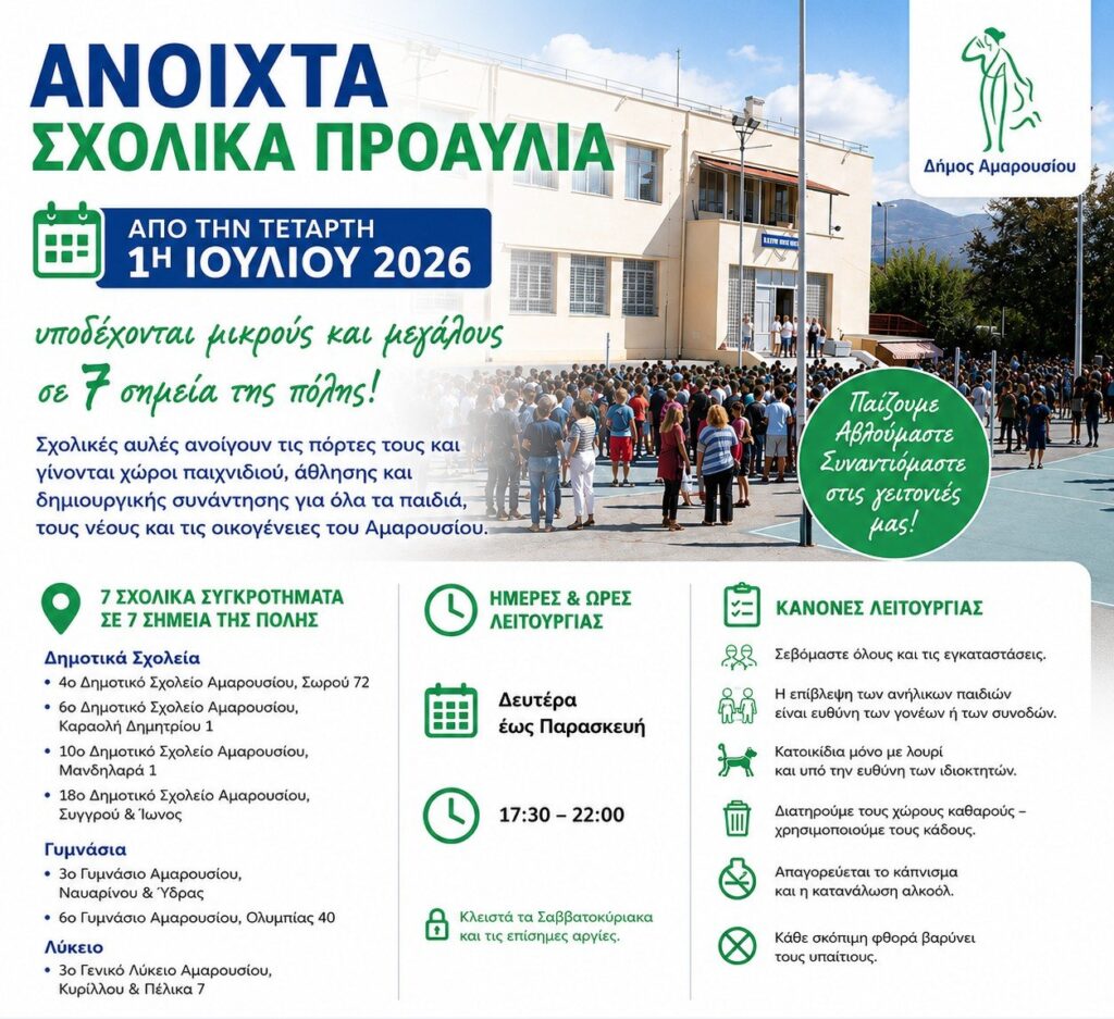 Από την Τετάρτη 1η Ιουλίου 2026 τα «Ανοιχτά Σχολικά Προαύλια» υποδέχονται μικρούς και μεγάλους σε 7 σημεία του Αμαρουσίου