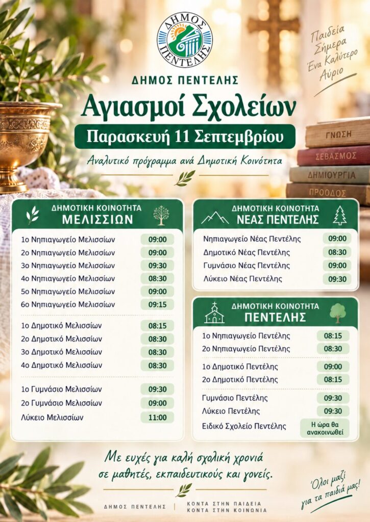 Δήμος Πεντέλης: Αγιασμοί σχολείων την Παρασκευή 11 Σεπτεμβρίου 2026