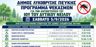 Πρόγραμμα εργασιών κουνουποκτονίας το Σάββατο 5 Σεπτεμβρίου 2026 στις Δημοτικές Ενότητες Λυκόβρυσης και Πεύκης Home