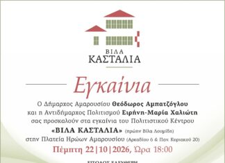 Εγκαίνια του Πολιτιστικού Κέντρου «Βίλα Κασταλία» (πρώην Βίλα Λουμίδη) | Πέμπτη 22 Οκτωβρίου 2026 | ώρα 18:00 Home