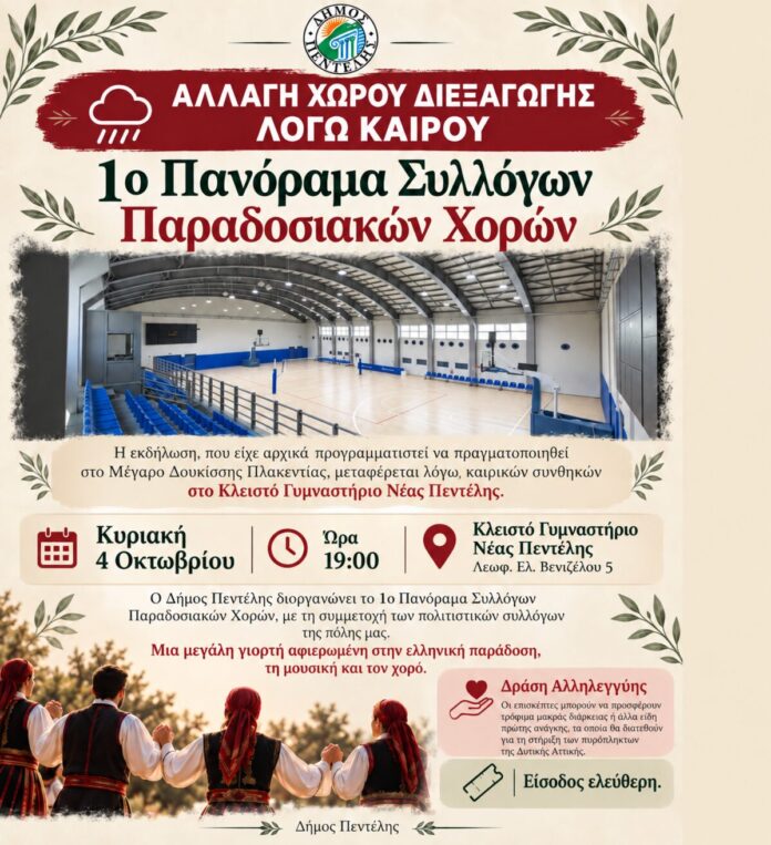 Nέα αλλαγή χώρου διεξαγωγής της εκδήλωσης «1ο Πανόραμα Συλλόγων Παραδοσιακών Χορών» λόγω καιρού_6abf618a390f1.jpeg